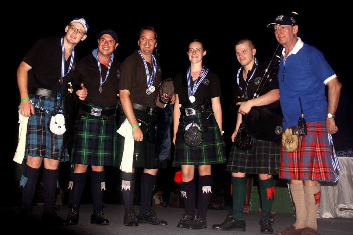 Riverina Highlanders for the win - L to R Andrew Dye, Tom Mewett, Angus Beath, Georgia McCourt, Jack Dempsey and Alistair Speir from the JHG